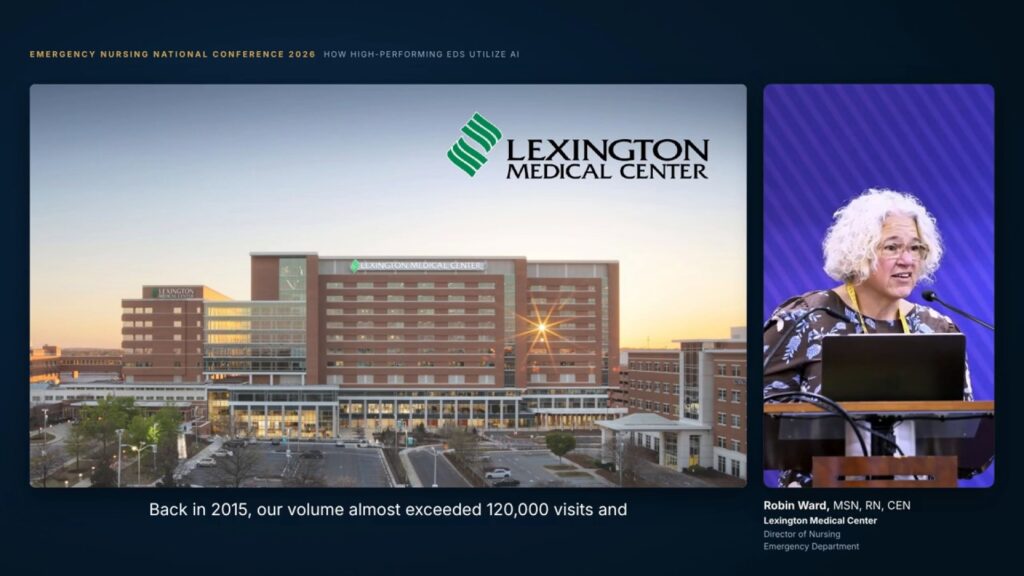 Robin Ward, ED Director at Lexington Medical Center, presenting on bringing KATE into triage, beside a slide of the Lexington Medical Center campus